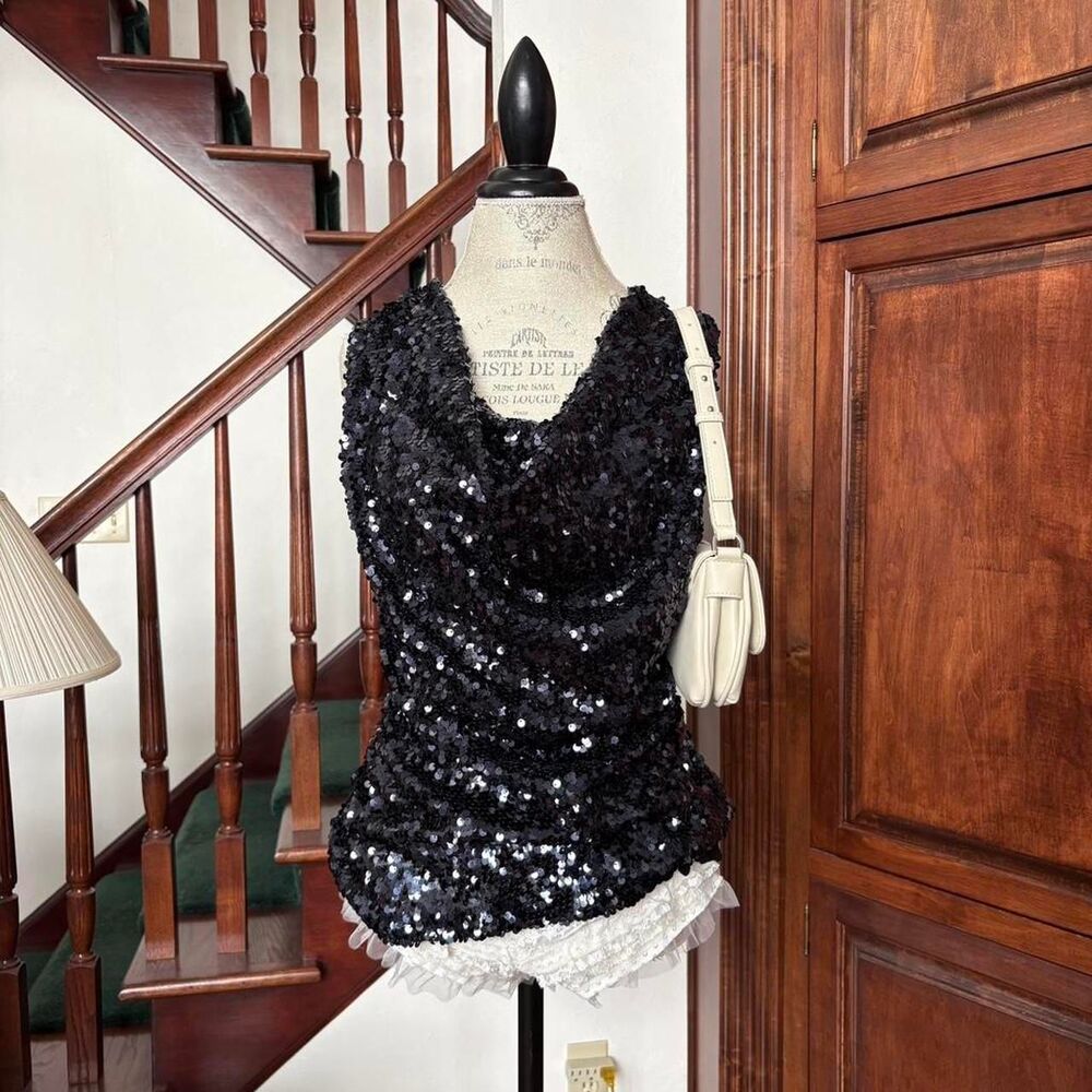 Tahari Black and Navy Rosalina Sequin Blouse Brand New with Tags